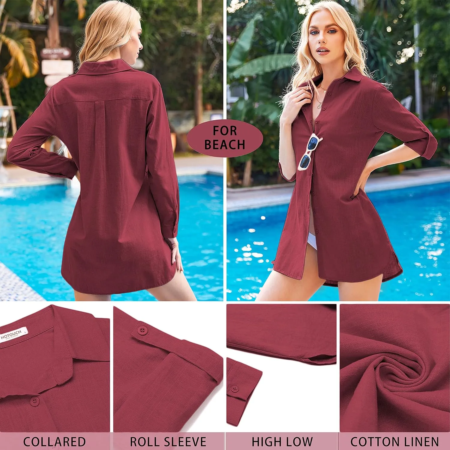 HOTOUCH Women Boyfriend Shirts Button Down Long Sleeve Blouse Cuffed Sleeve Collared Shirt