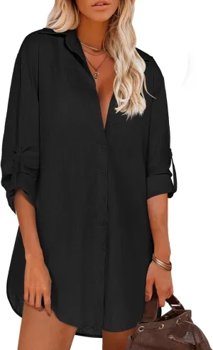 HOTOUCH Women Boyfriend Shirts Button Down Long Sleeve Blouse Cuffed Sleeve Collared Shirt