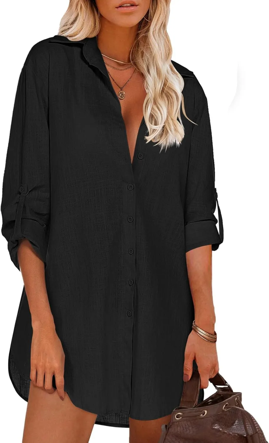 HOTOUCH Women Boyfriend Shirts Button Down Long Sleeve Blouse Cuffed Sleeve Collared Shirt