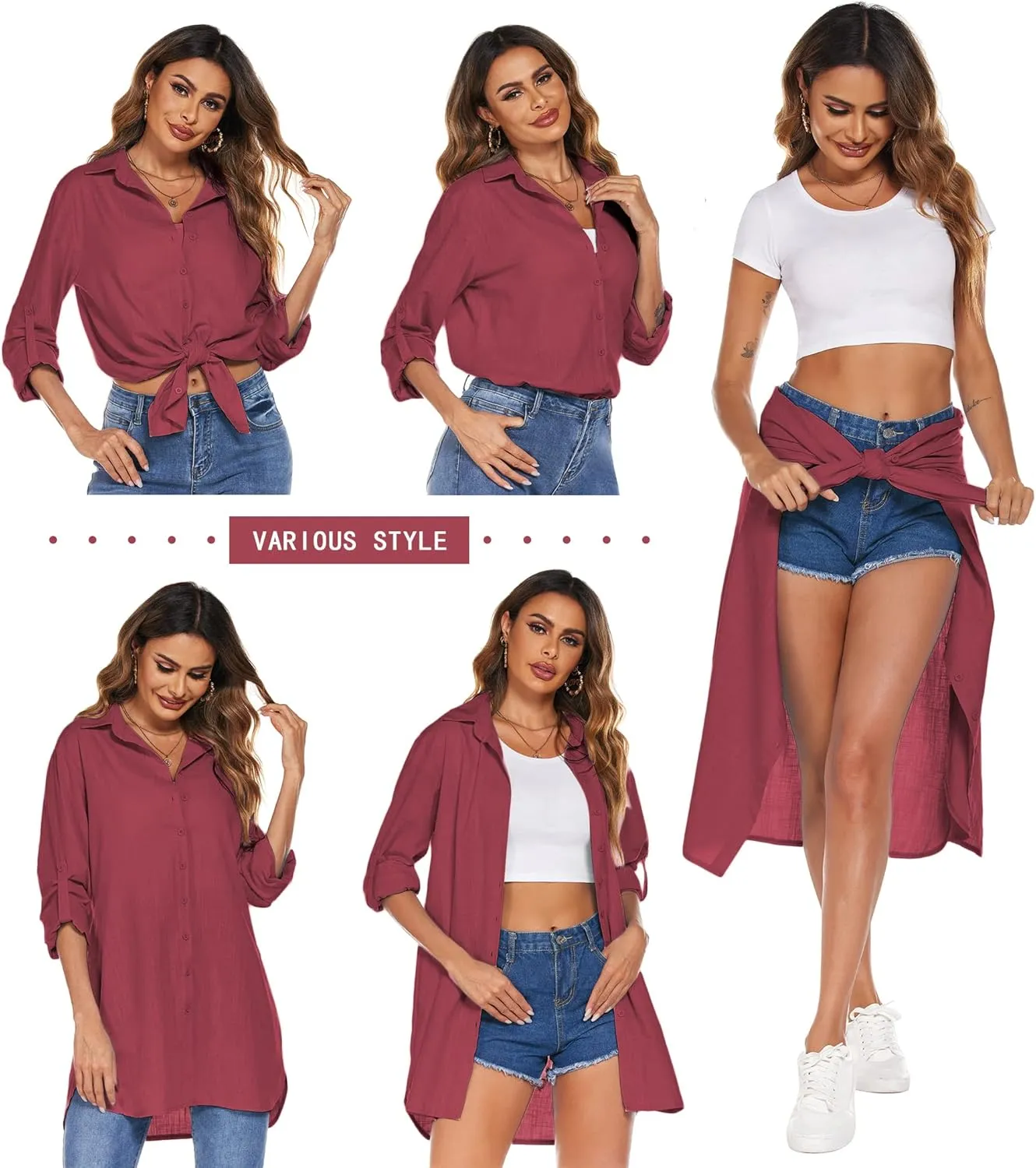 HOTOUCH Women Boyfriend Shirts Button Down Long Sleeve Blouse Cuffed Sleeve Collared Shirt