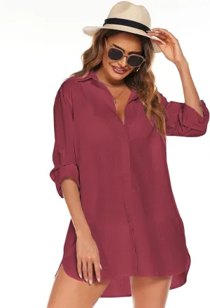 HOTOUCH Women Boyfriend Shirts Button Down Long Sleeve Blouse Cuffed Sleeve Collared Shirt