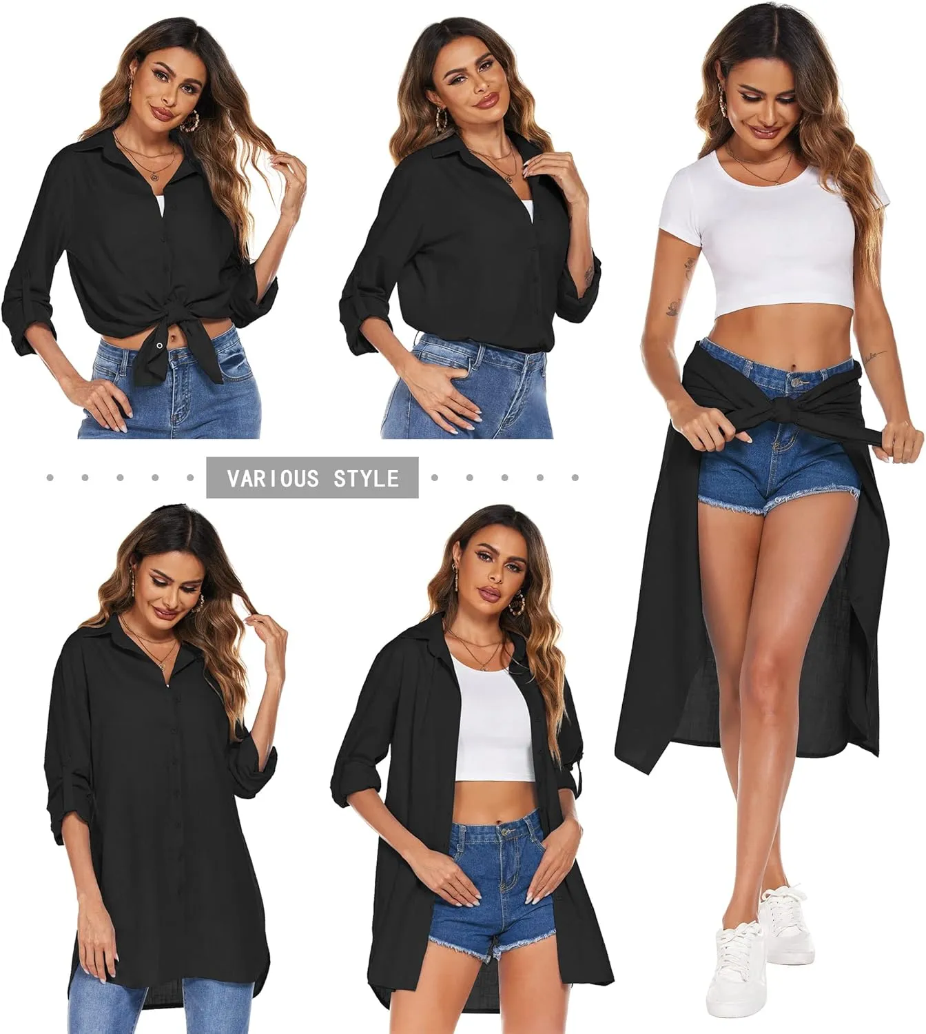 HOTOUCH Women Boyfriend Shirts Button Down Long Sleeve Blouse Cuffed Sleeve Collared Shirt