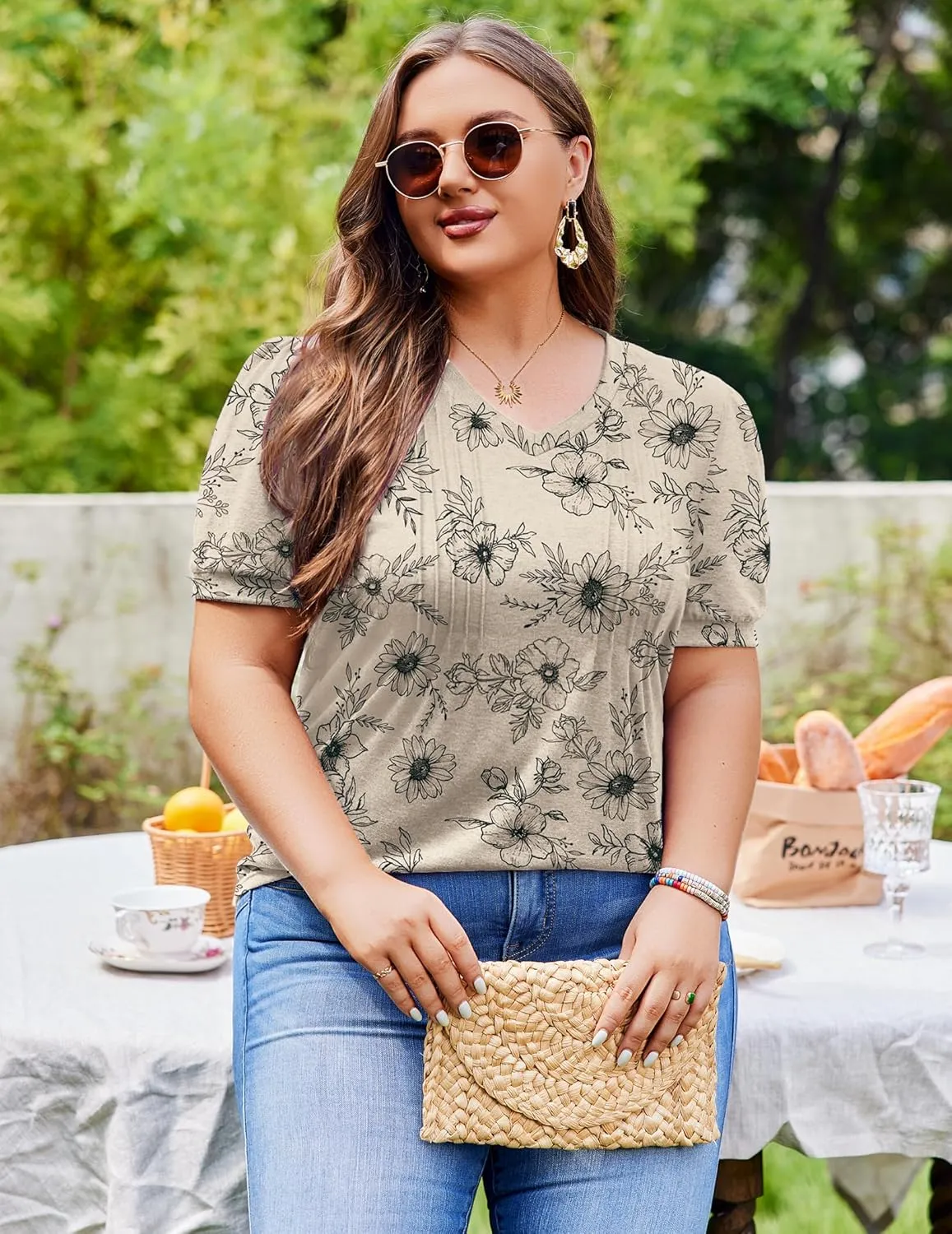 IN'VOLAND Plus Size Tops for Women Summer Puff Short Sleeve Tunic Pleated V Neck Shirts Casual Floral Solid Blouse