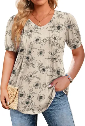 IN'VOLAND Plus Size Tops for Women Summer Puff Short Sleeve Tunic Pleated V Neck Shirts Casual Floral Solid Blouse