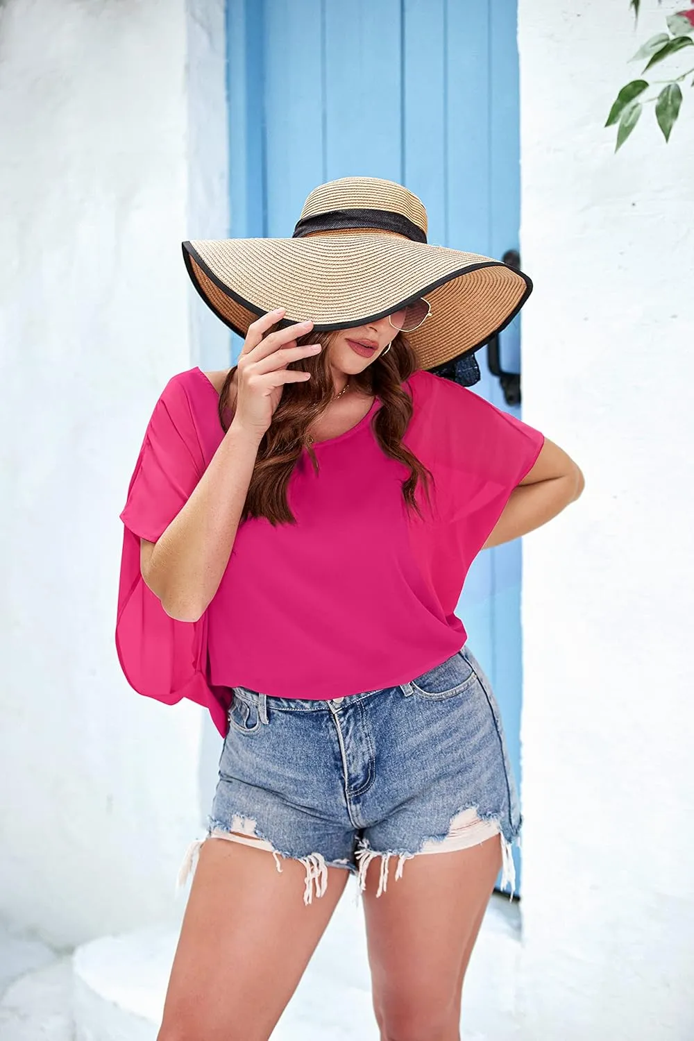 IN'VOLAND Plus Size Women Chiffon Blouse Batwing Sleeve Tops Scoop Neck Tunic Shirts