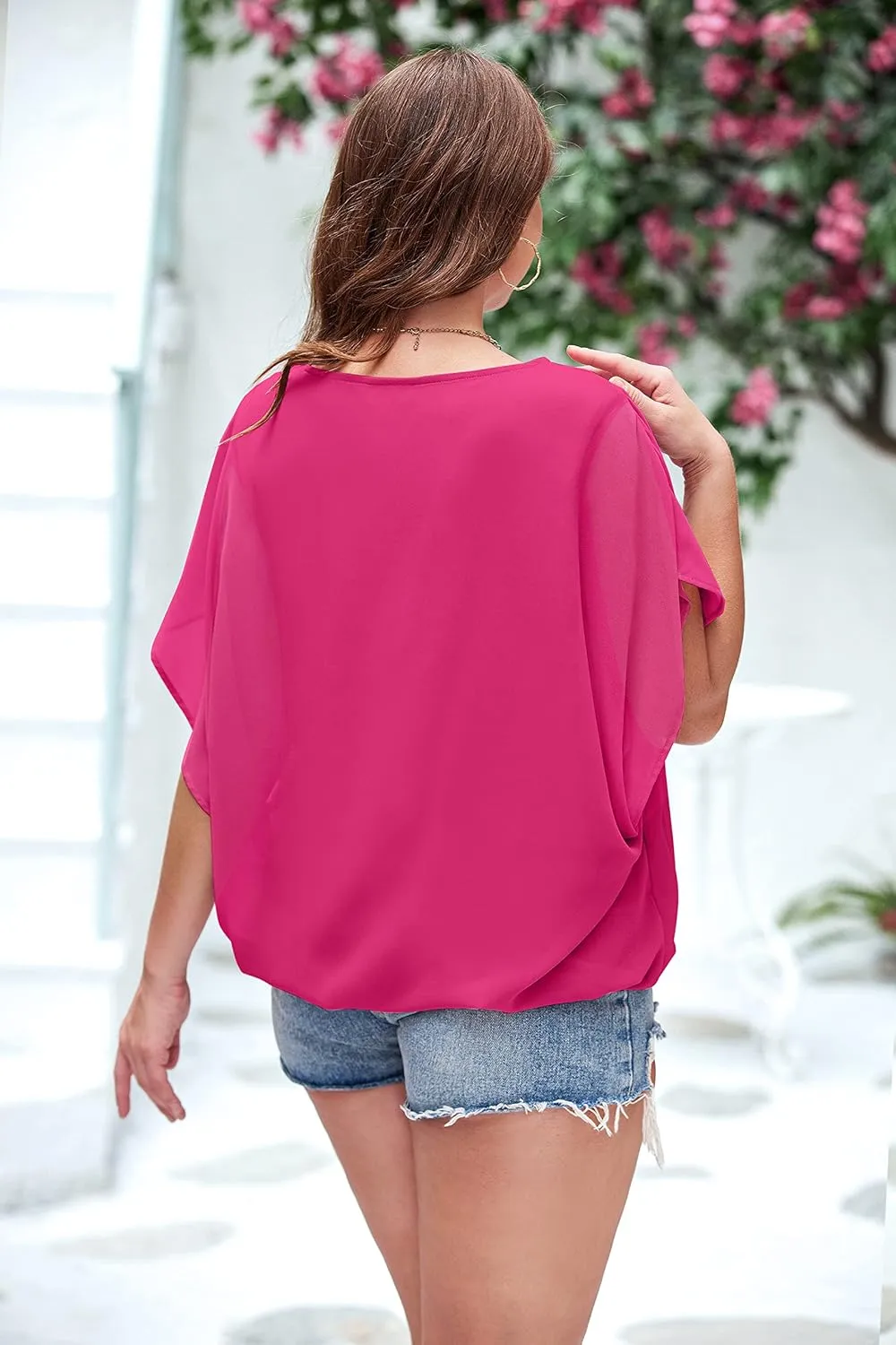 IN'VOLAND Plus Size Women Chiffon Blouse Batwing Sleeve Tops Scoop Neck Tunic Shirts
