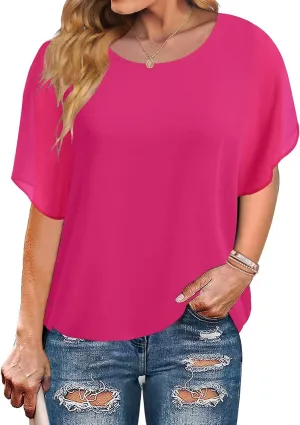IN'VOLAND Plus Size Women Chiffon Blouse Batwing Sleeve Tops Scoop Neck Tunic Shirts
