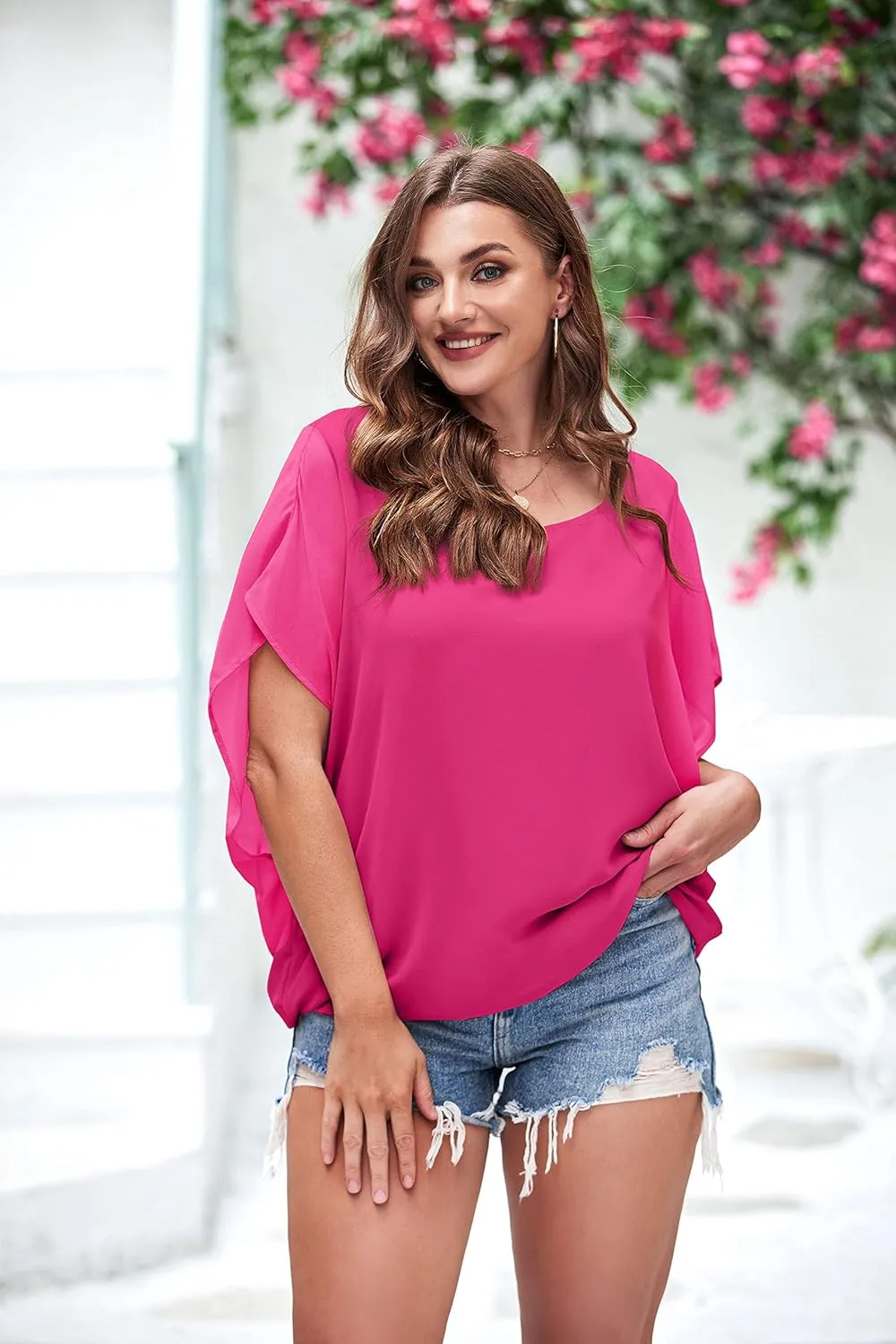 IN'VOLAND Plus Size Women Chiffon Blouse Batwing Sleeve Tops Scoop Neck Tunic Shirts