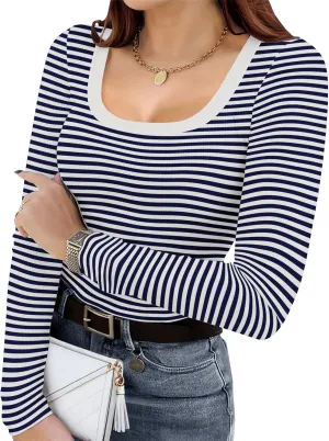 IN'VOLAND Plus Size Womens Long Sleeve Scoop Neck Ribbed Knit T-Shirt Fitted Casual Basic Tops