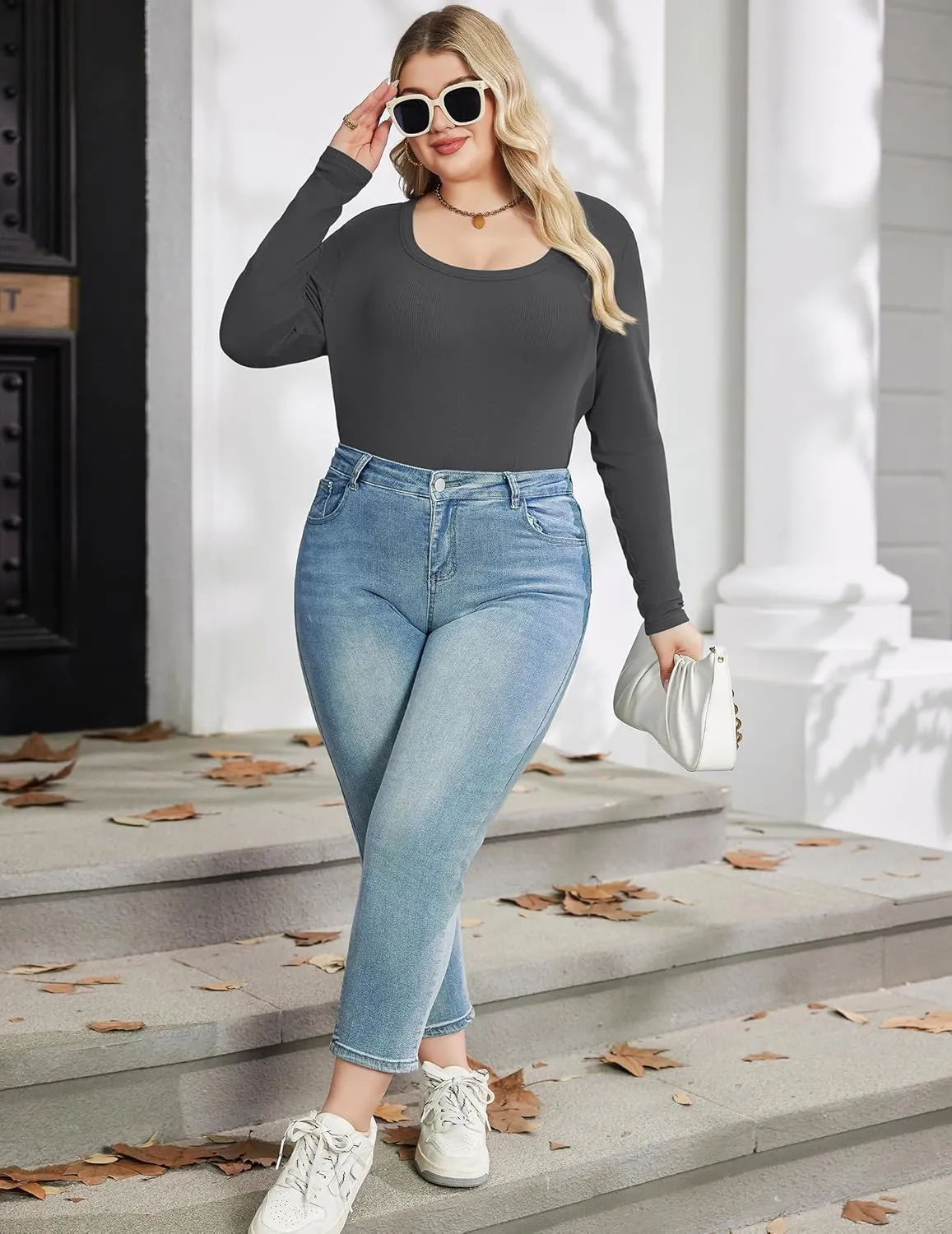 IN'VOLAND Plus Size Womens Long Sleeve Scoop Neck Ribbed Knit T-Shirt Fitted Casual Basic Tops