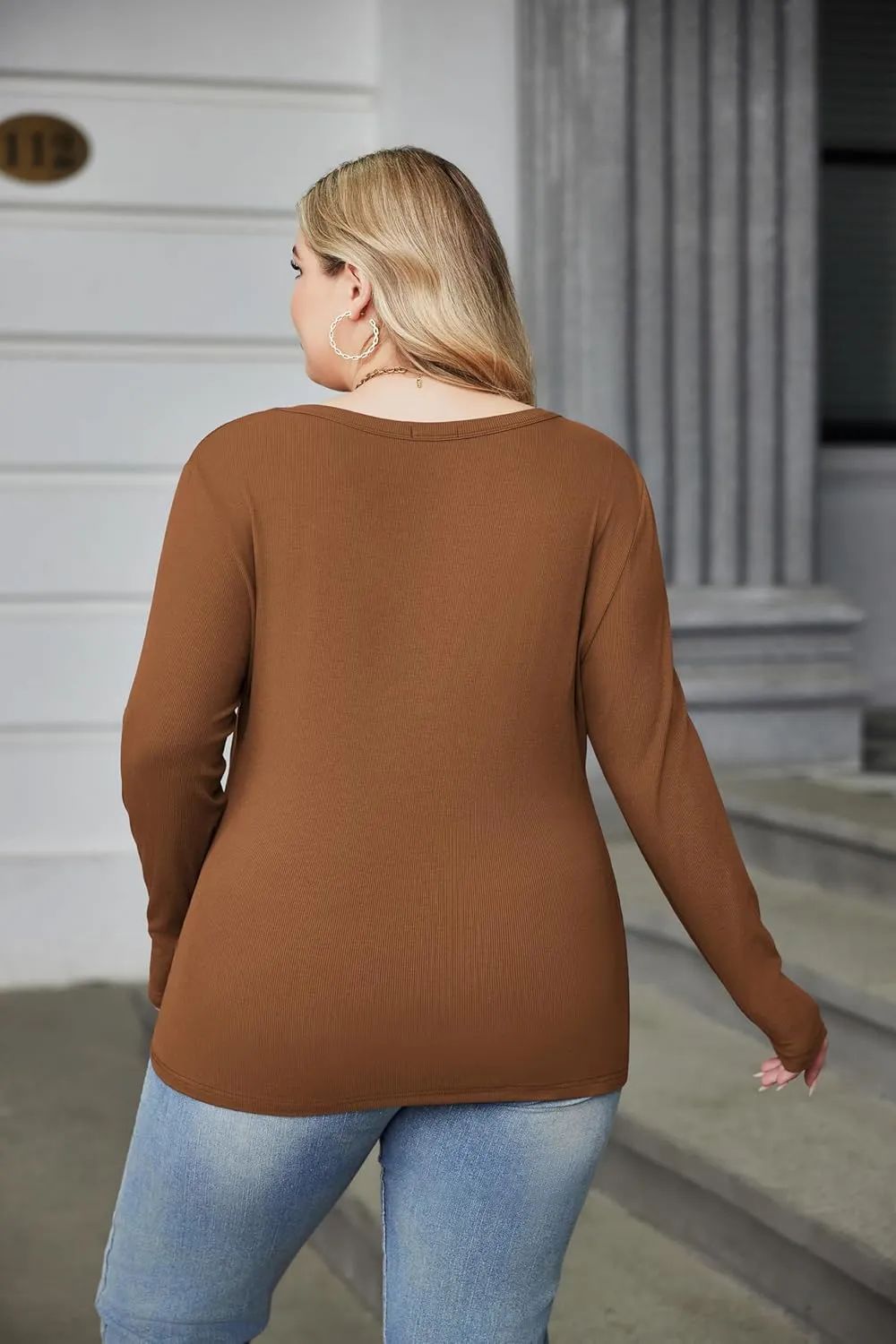 IN'VOLAND Plus Size Womens Long Sleeve Scoop Neck Ribbed Knit T-Shirt Fitted Casual Basic Tops