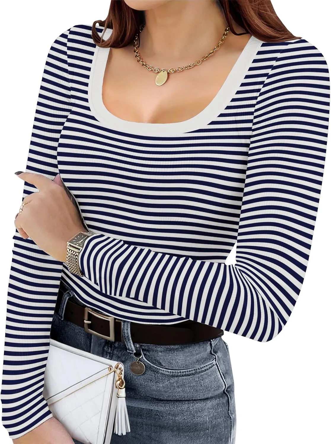 IN'VOLAND Plus Size Womens Long Sleeve Scoop Neck Ribbed Knit T-Shirt Fitted Casual Basic Tops