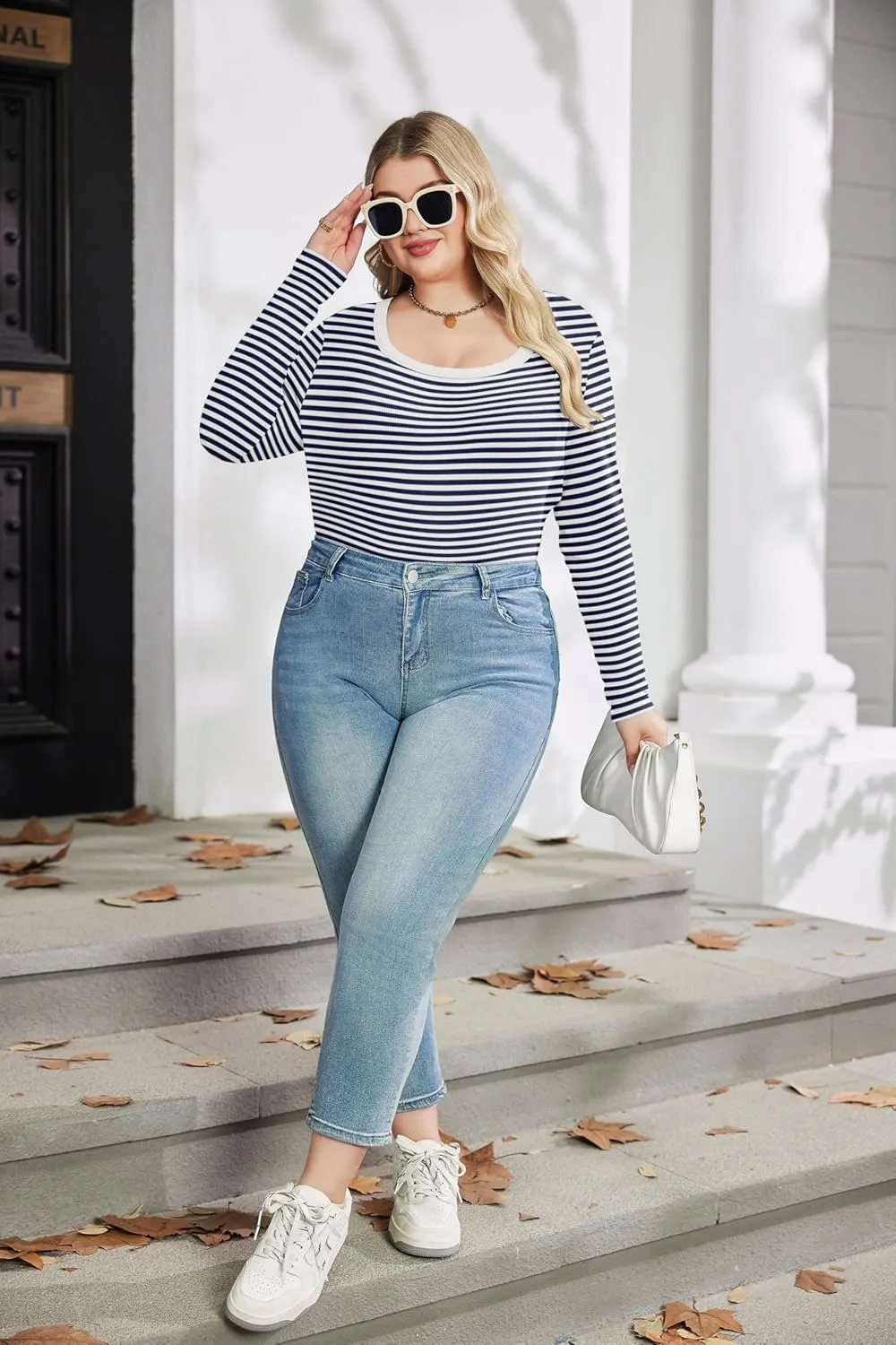 IN'VOLAND Plus Size Womens Long Sleeve Scoop Neck Ribbed Knit T-Shirt Fitted Casual Basic Tops