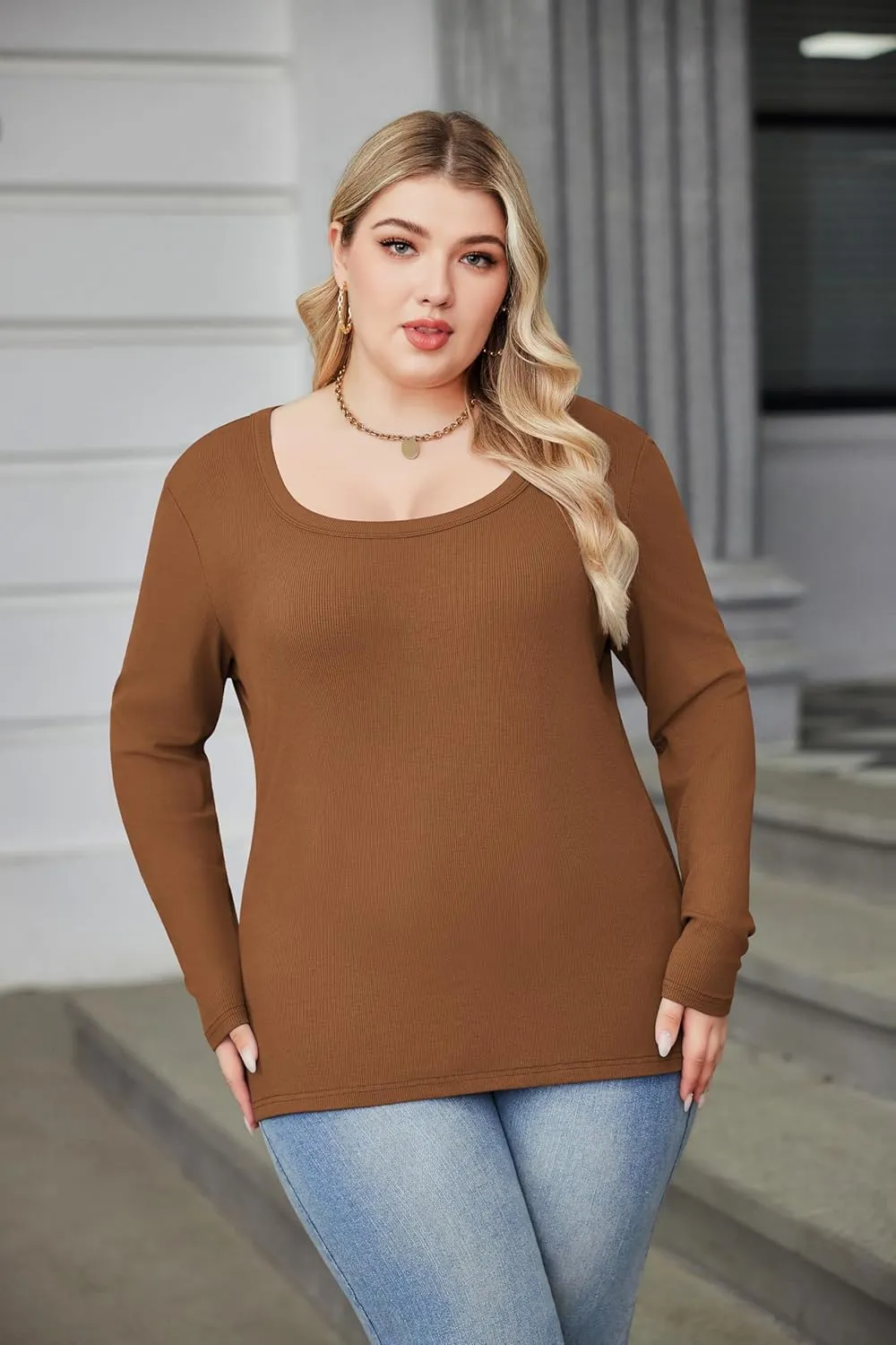 IN'VOLAND Plus Size Womens Long Sleeve Scoop Neck Ribbed Knit T-Shirt Fitted Casual Basic Tops