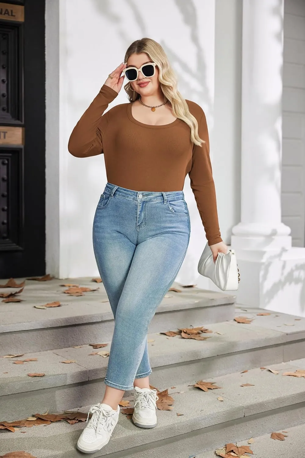 IN'VOLAND Plus Size Womens Long Sleeve Scoop Neck Ribbed Knit T-Shirt Fitted Casual Basic Tops