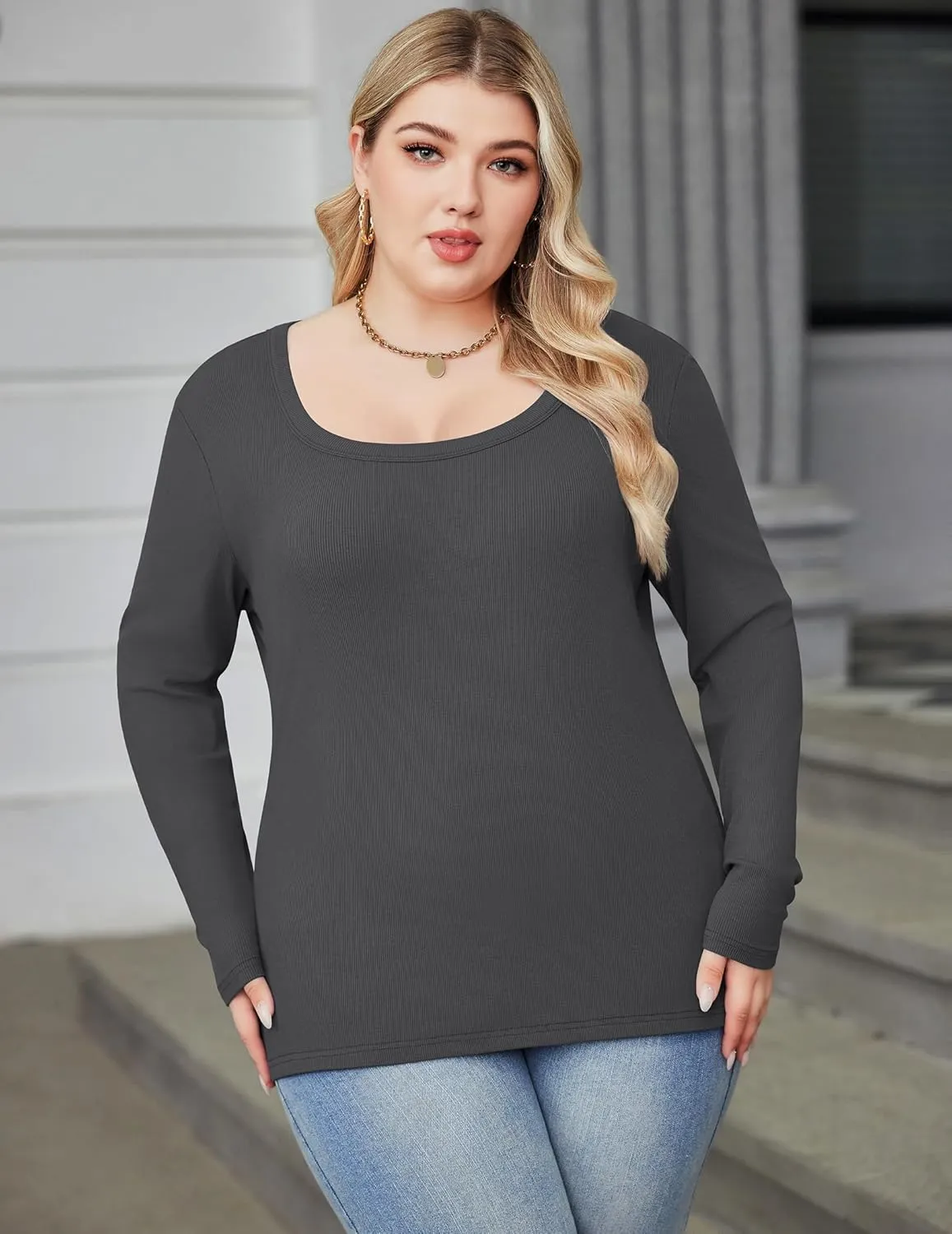 IN'VOLAND Plus Size Womens Long Sleeve Scoop Neck Ribbed Knit T-Shirt Fitted Casual Basic Tops