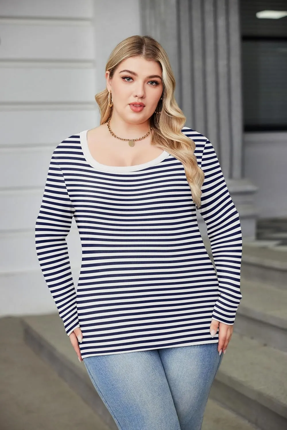 IN'VOLAND Plus Size Womens Long Sleeve Scoop Neck Ribbed Knit T-Shirt Fitted Casual Basic Tops