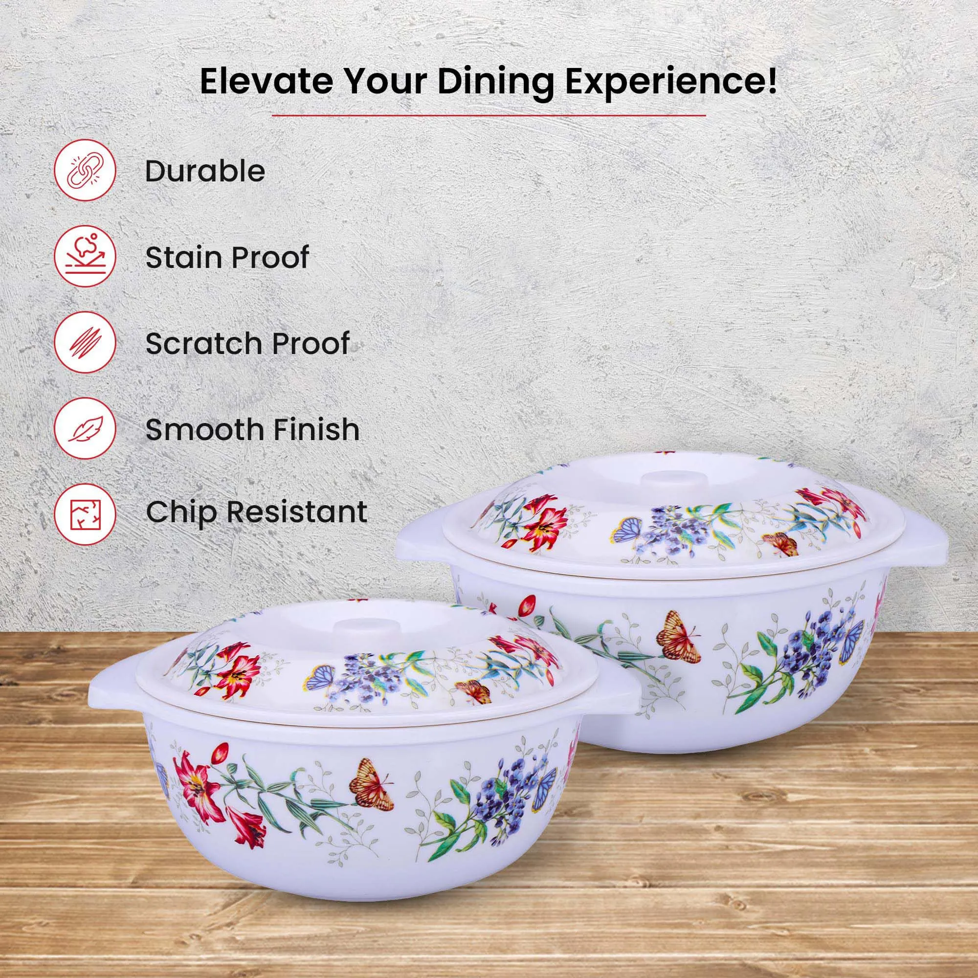 Kuber Industries Microwave Safe & BPA Free Melamine Serving Bowls with Lids Set of 2 | Heat Resistant & Unbreakable Rice Bowl for Serving, Mixing Bowls for Kitchen Utensils | Red Flower