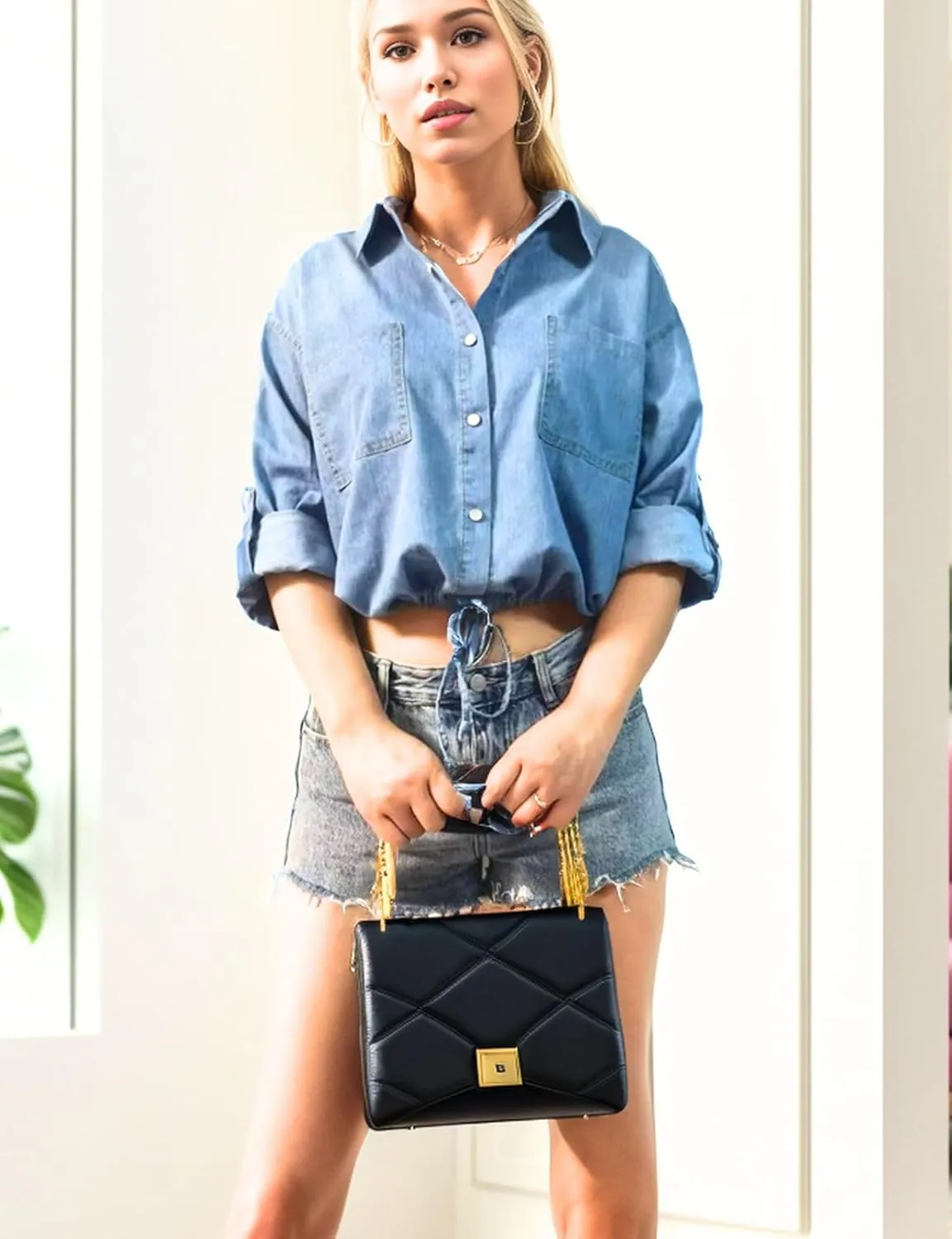 Kwoki Women's Cropped Denim Shirt Roll Up 3/4 Sleeve Casual Loose Crop Tops Drawstring Hem Button Front Jean Jacket