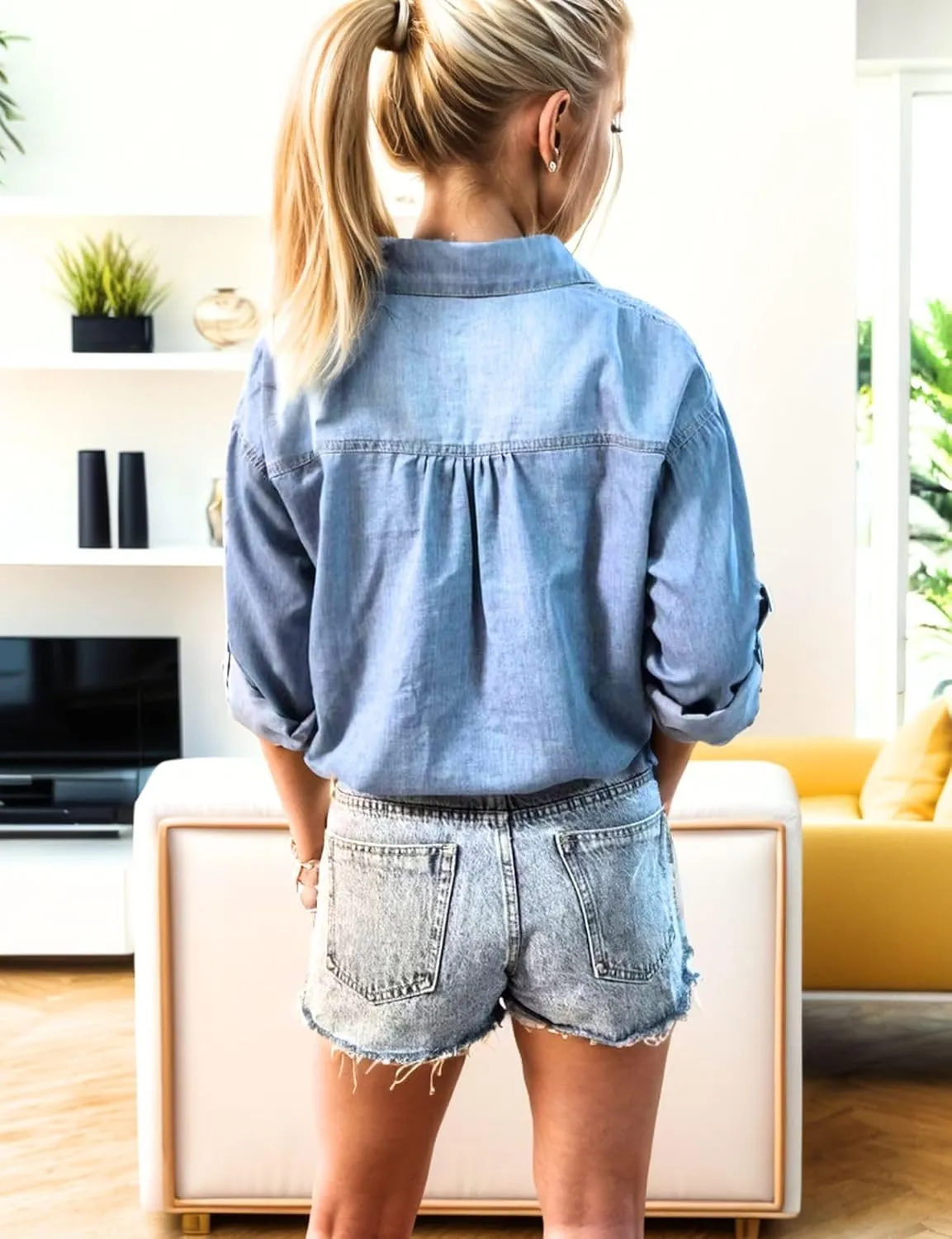 Kwoki Women's Cropped Denim Shirt Roll Up 3/4 Sleeve Casual Loose Crop Tops Drawstring Hem Button Front Jean Jacket