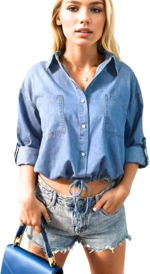 Kwoki Women's Cropped Denim Shirt Roll Up 3/4 Sleeve Casual Loose Crop Tops Drawstring Hem Button Front Jean Jacket