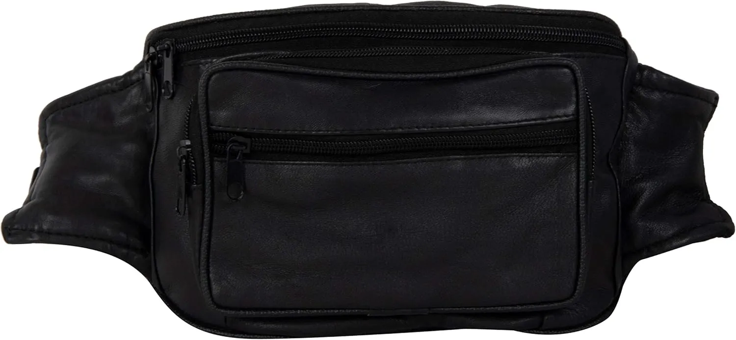 Liberty Leather Genuine Leather Waist Bag | Multi-Pocket Fanny Pack for Outdoor Use, Travel | Adjustable Waist Strap Bum Pack for Walking, Cycling, Running, Fashion (BLACK, 207)