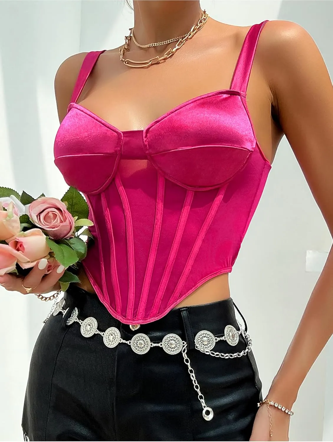 Lovewn Women's V Neck Spaghetti Strap Cami Crop Top Bustier Camisoles Going Out Tank Tops Hot Pink