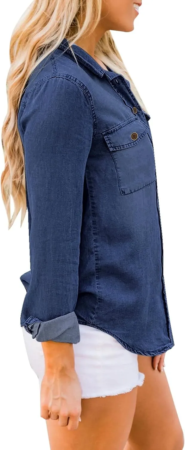 luvamia Denim Shirt Women Chambray Jean Western Shirts Long Sleeve Button Down Tops