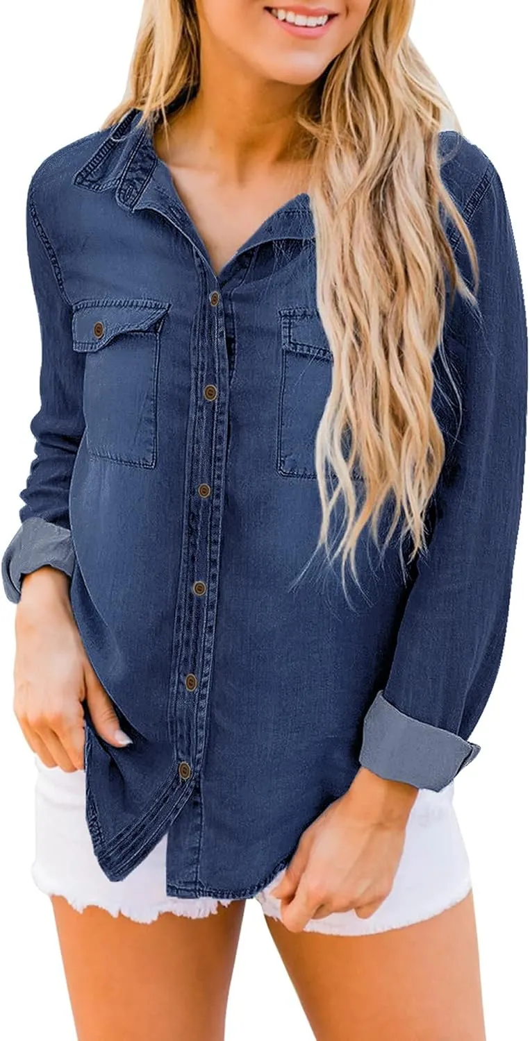 luvamia Denim Shirt Women Chambray Jean Western Shirts Long Sleeve Button Down Tops