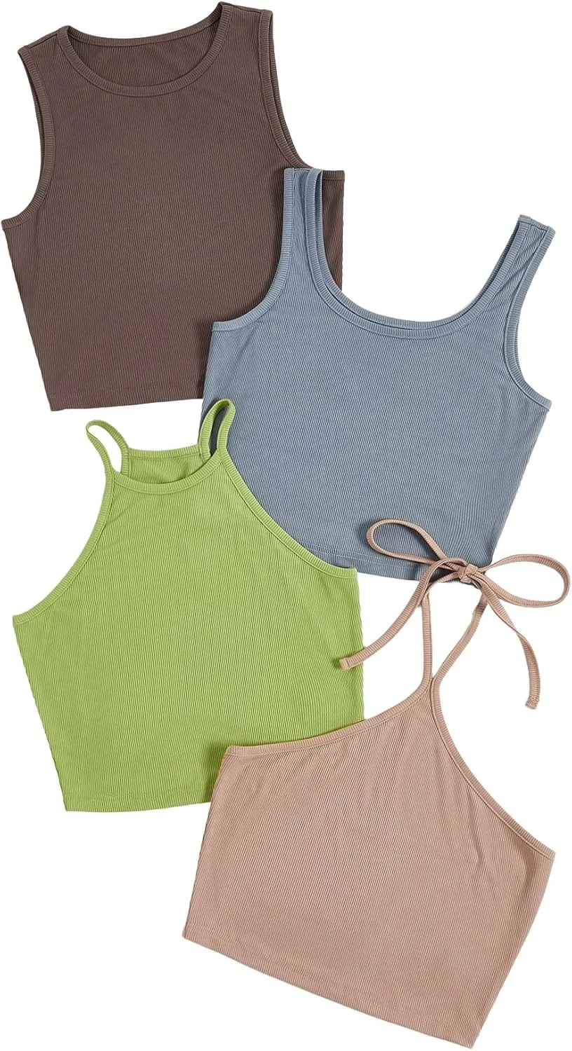 MakeMeChic Women's Casual 4 Pieces Solid Ribbed Knit Crop Tank Tops Vest Pack