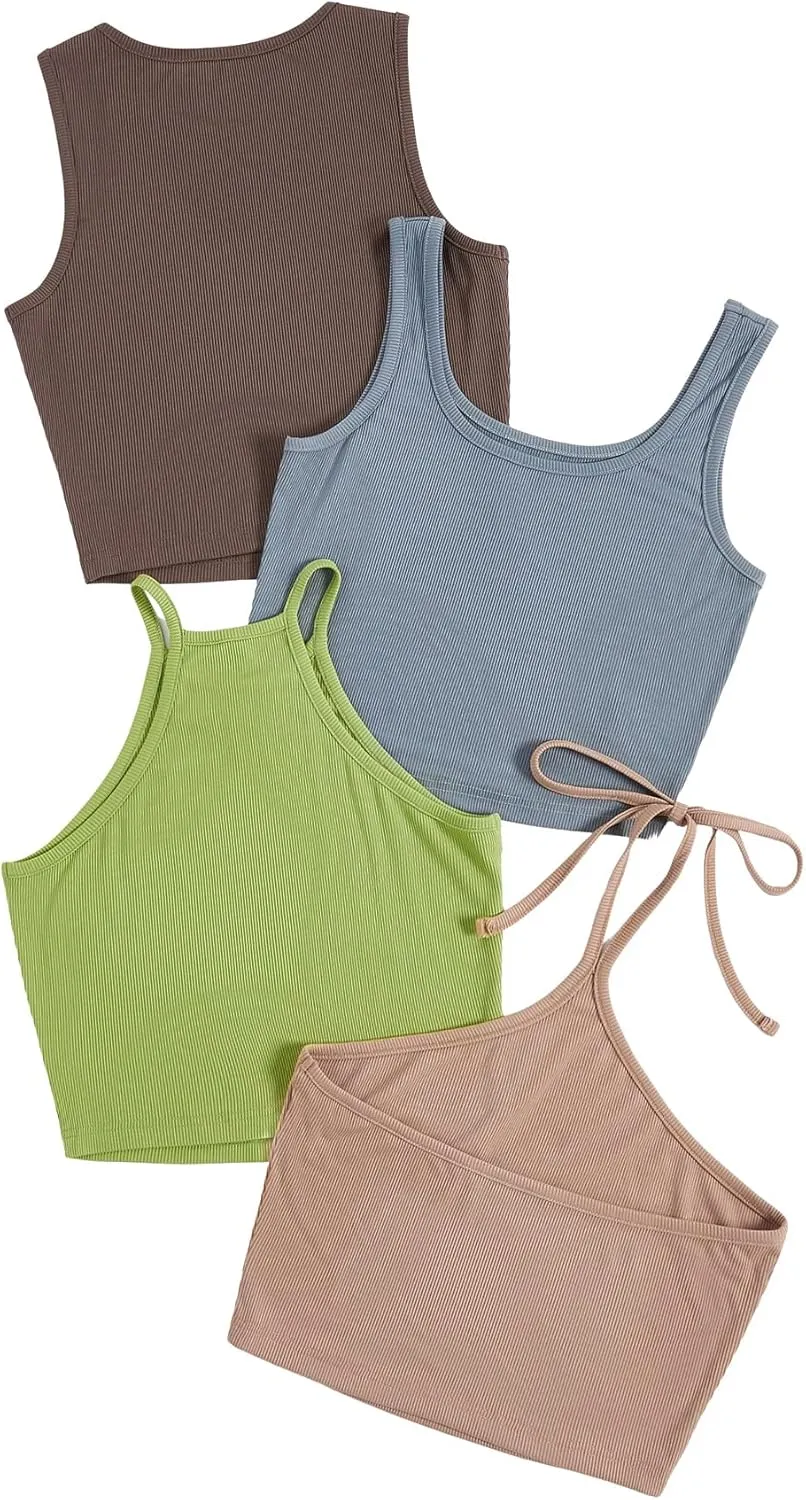 MakeMeChic Women's Casual 4 Pieces Solid Ribbed Knit Crop Tank Tops Vest Pack