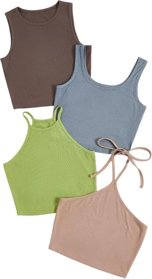MakeMeChic Women's Casual 4 Pieces Solid Ribbed Knit Crop Tank Tops Vest Pack
