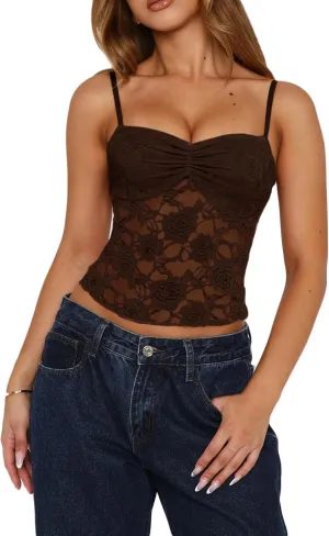 Meihuida Women Lace Top Y2k Going Out Trendy Sexy Mesh See Through Cami Tank Tops