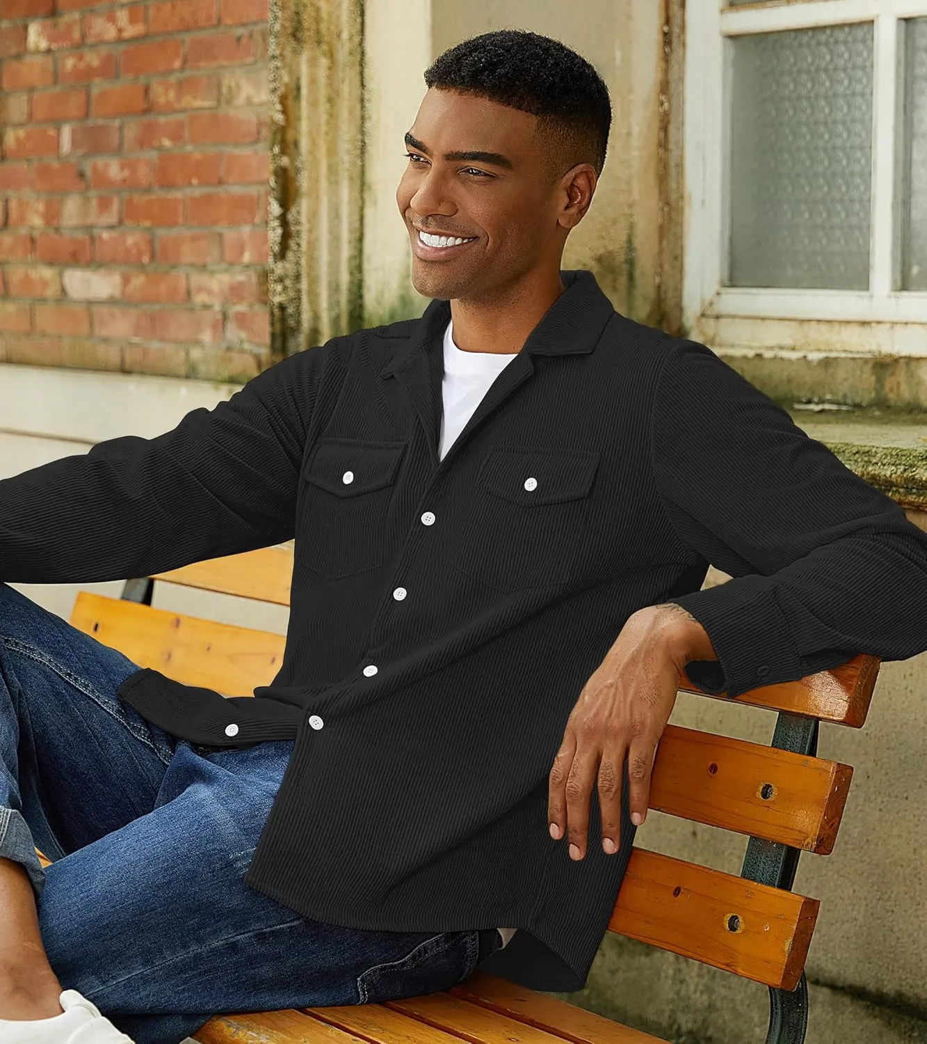 Mens Corduroy Jacket Shirts Long Sleeve Button Down Shacket Jacket with Flap Pockets