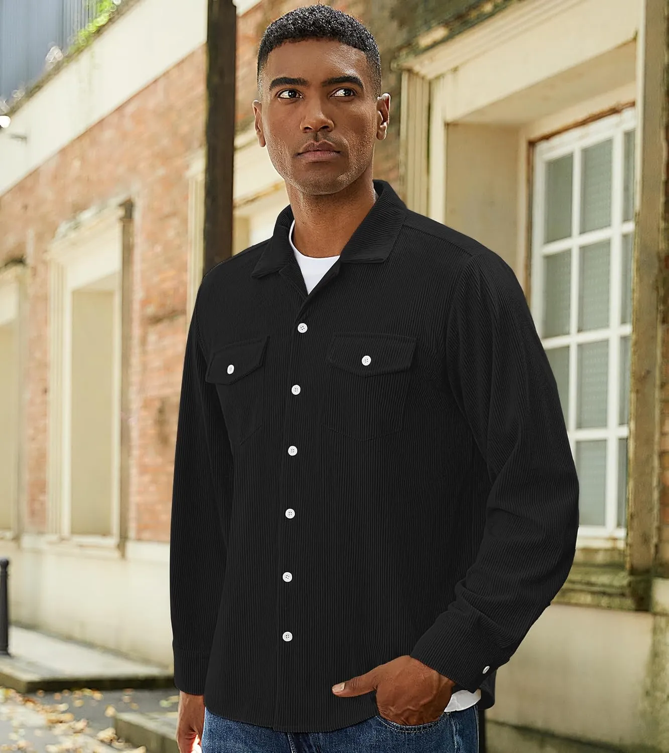 Mens Corduroy Jacket Shirts Long Sleeve Button Down Shacket Jacket with Flap Pockets