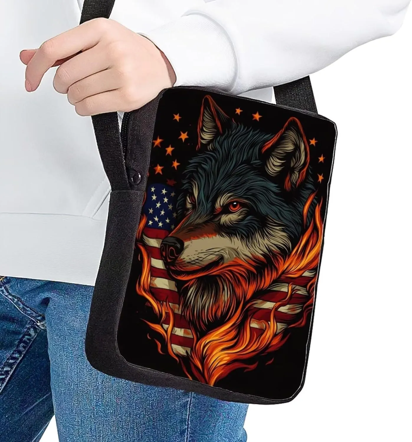 Mens Crossbody Bag Small Messenger Bag Wolf American Flag Print Canvas Purse Wallet Organizer Portable Travel Shoudler Bag
