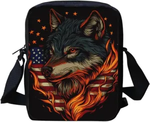 Mens Crossbody Bag Small Messenger Bag Wolf American Flag Print Canvas Purse Wallet Organizer Portable Travel Shoudler Bag