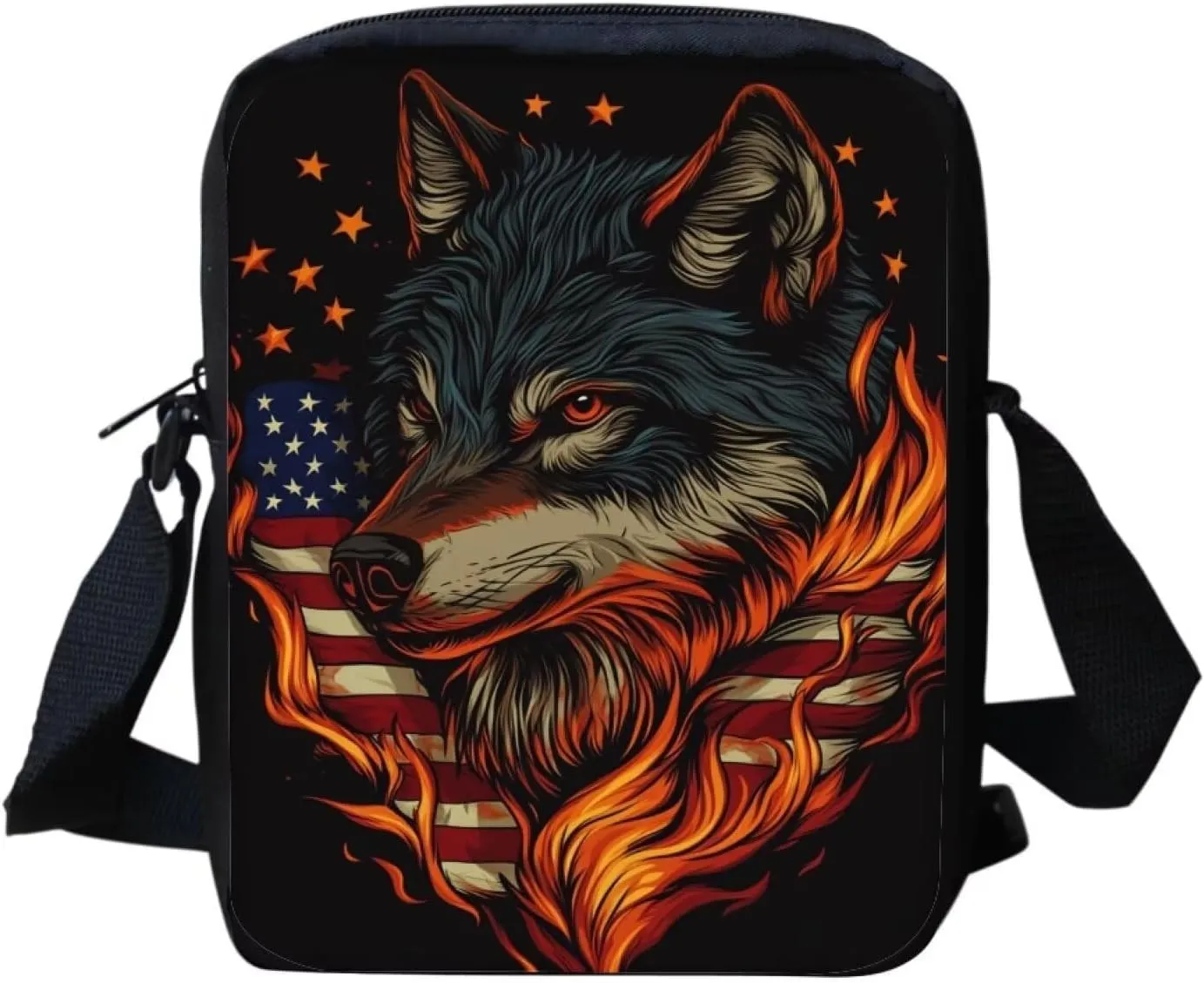 Mens Crossbody Bag Small Messenger Bag Wolf American Flag Print Canvas Purse Wallet Organizer Portable Travel Shoudler Bag