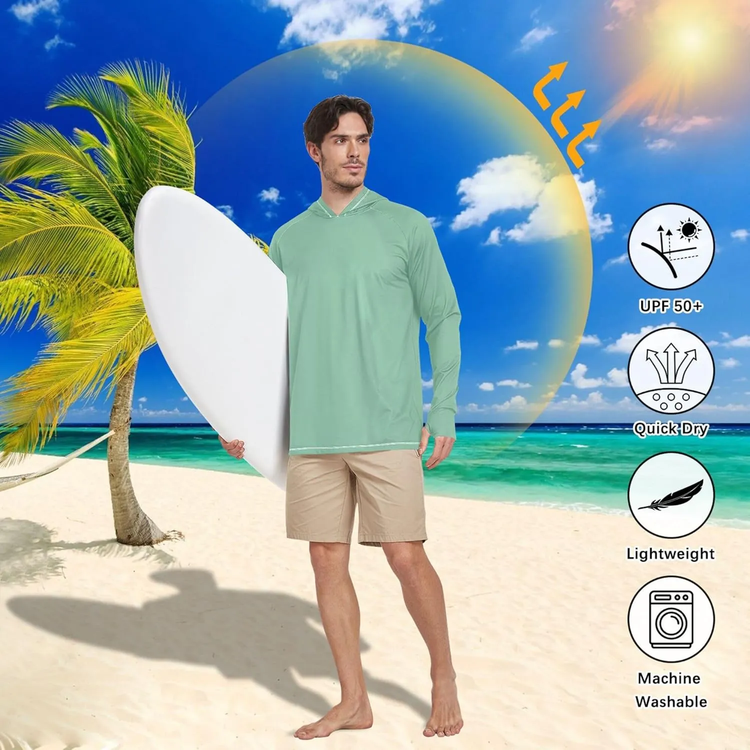 Mens Hoodie Sun Protection Long Sleeve Mens Sun Shirts UPF 50  Lightweight Rash Guard Hooded Beach Hoodie