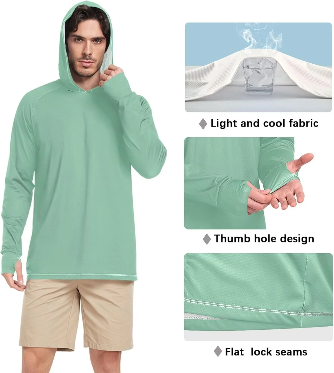 Mens Hoodie Sun Protection Long Sleeve Mens Sun Shirts UPF 50  Lightweight Rash Guard Hooded Beach Hoodie