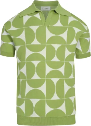 Men's Knitted Retro Poloshirt, 1960s Mod Style Vintage Pattern Short Sleeve Shirt V-Neck Green