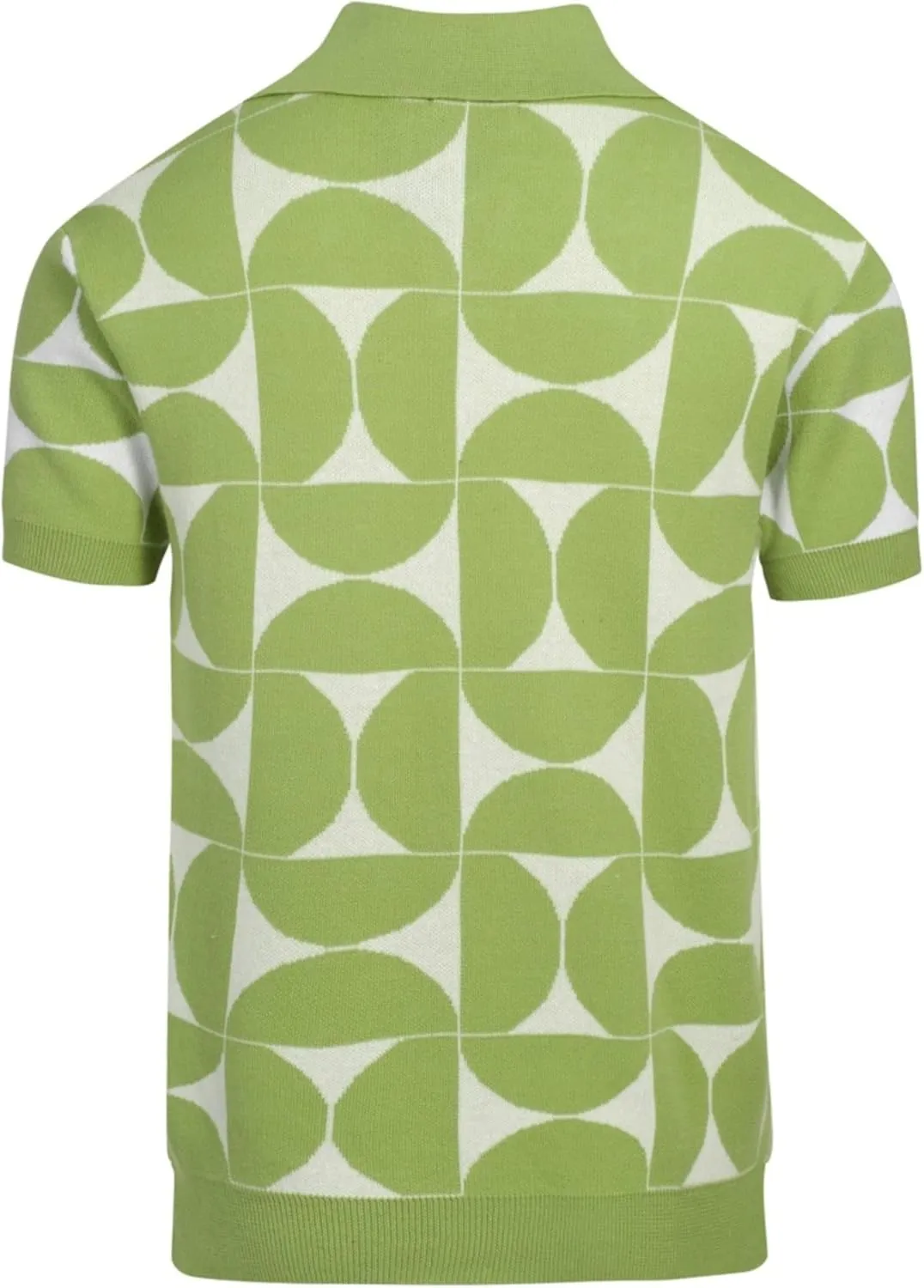 Men's Knitted Retro Poloshirt, 1960s Mod Style Vintage Pattern Short Sleeve Shirt V-Neck Green