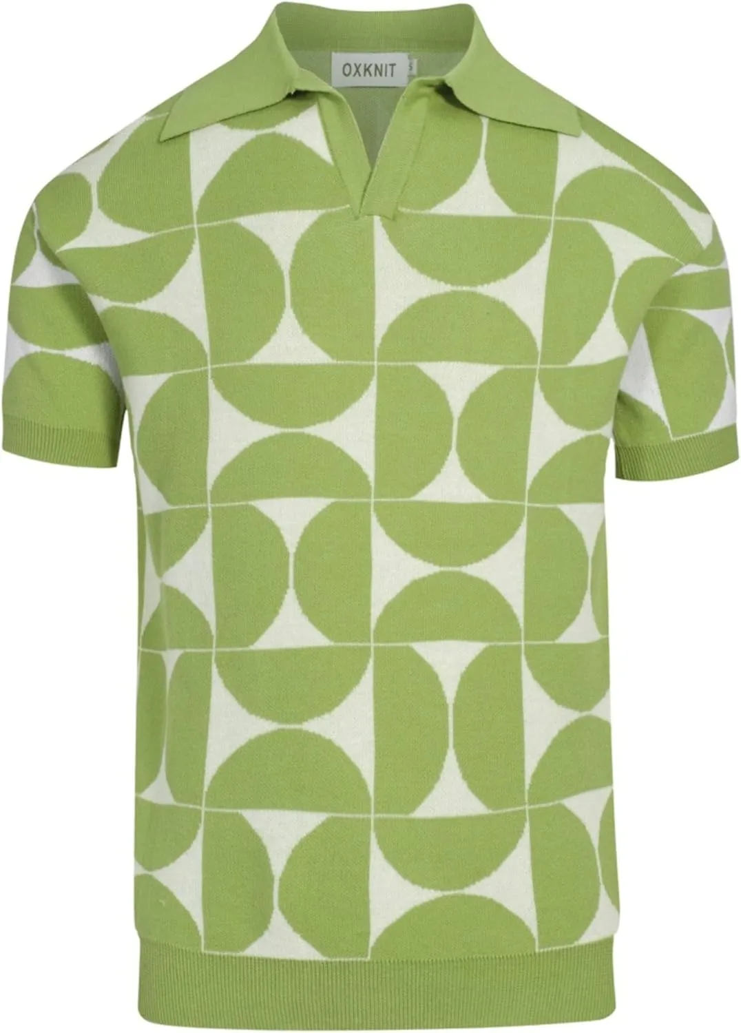 Men's Knitted Retro Poloshirt, 1960s Mod Style Vintage Pattern Short Sleeve Shirt V-Neck Green