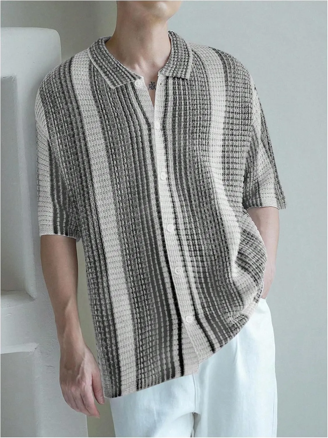 Men's Knitted Shirt Summer Vintage Striped Short Sleeve Casual Button Down Shirts Sweater