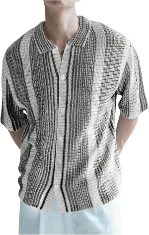 Men's Knitted Shirt Summer Vintage Striped Short Sleeve Casual Button Down Shirts Sweater