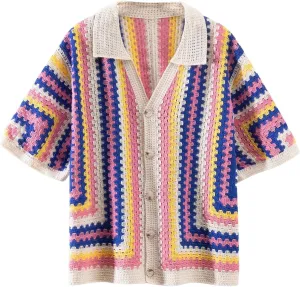 Men's Knitted Shirt Summer Vintage Striped Short Sleeve Casual Button Down Shirts Sweater