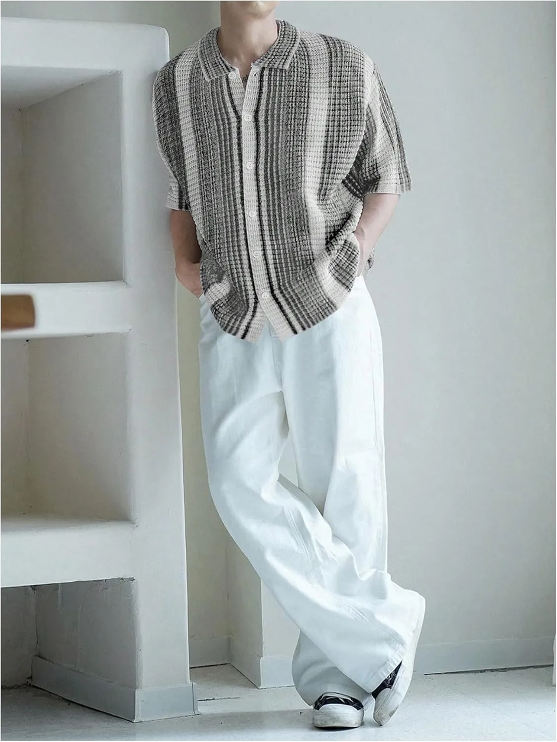 Men's Knitted Shirt Summer Vintage Striped Short Sleeve Casual Button Down Shirts Sweater