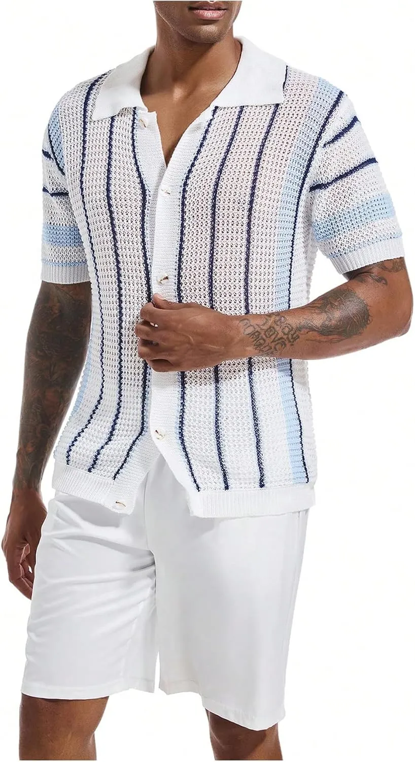 Men's Knitted Shirt Summer Vintage Striped Short Sleeve Casual Button Down Shirts Sweater