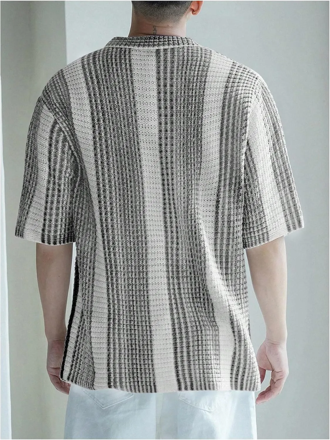 Men's Knitted Shirt Summer Vintage Striped Short Sleeve Casual Button Down Shirts Sweater