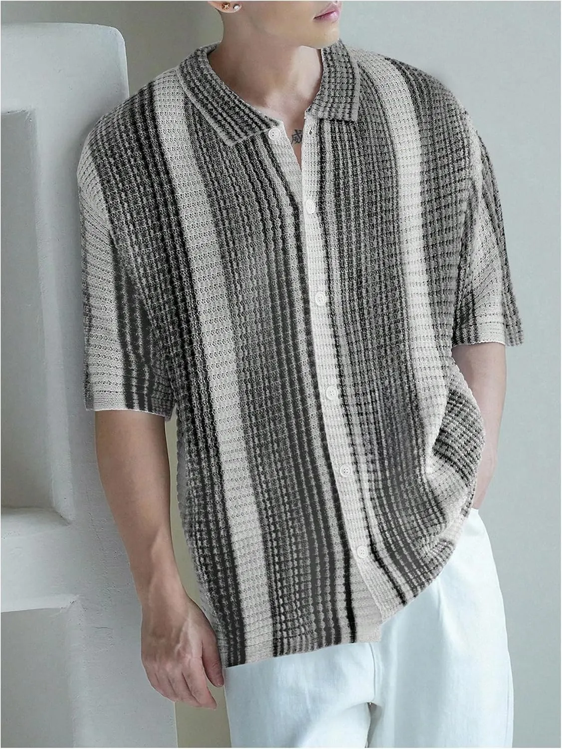 Men's Knitted Shirt Summer Vintage Striped Short Sleeve Casual Button Down Shirts Sweater